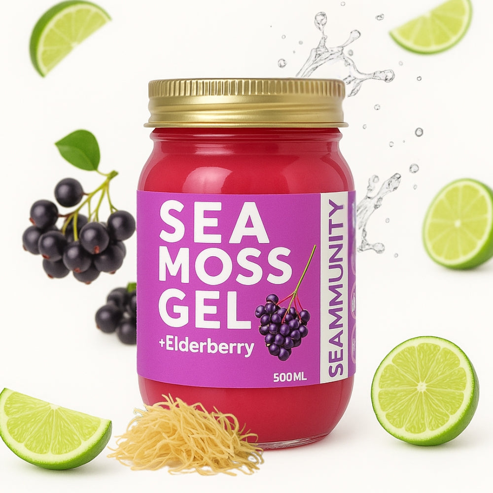 World Moss elderberry sea moss gel jar with lime slices elderberries and sea moss strands