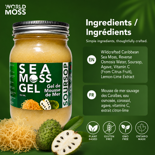 A jar of World Moss Sea Moss Gel Sourdop on a dark green background with ingredient text and icons. The jar contains a yellowish gel and has a green label with white text.
