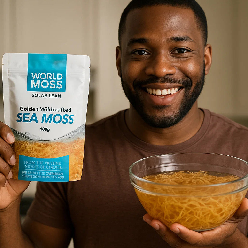 Man holding World Moss package and bowl of Golden St Lucian Sea Moss raw sea moss