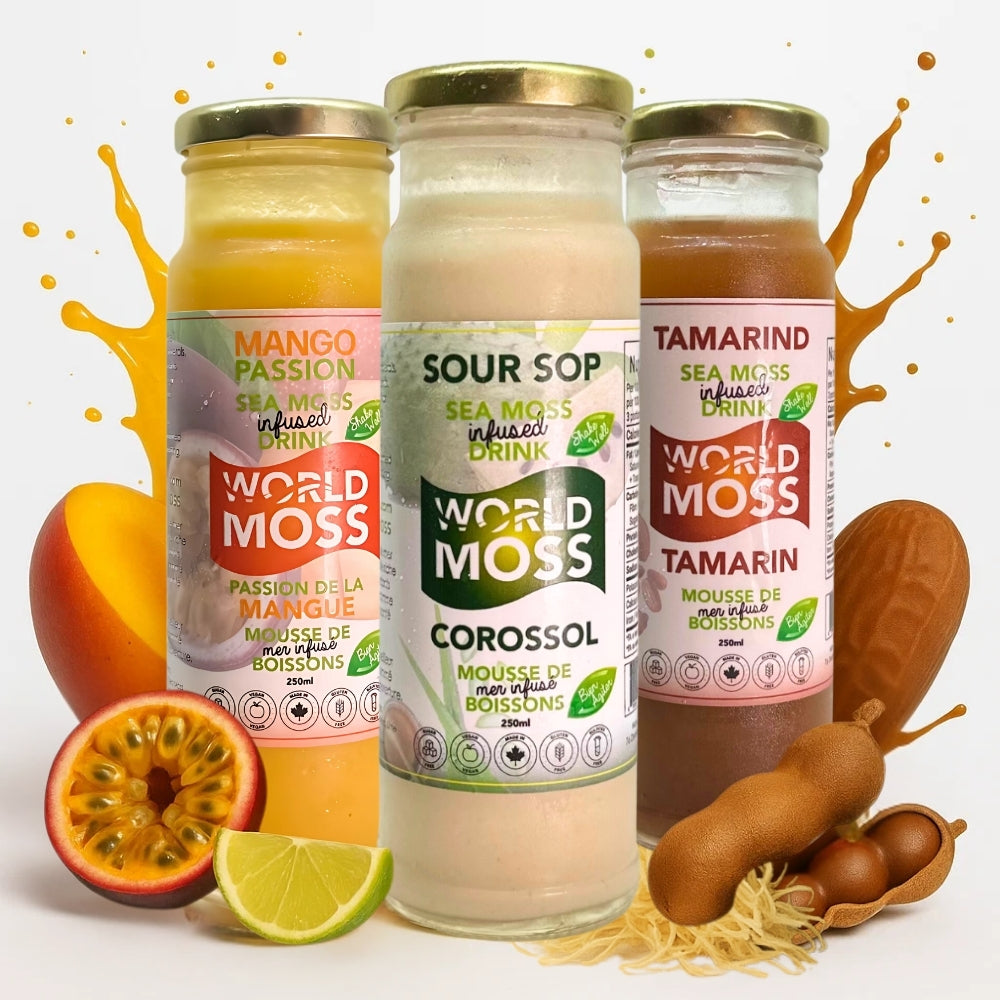 World Moss mango soursop tamarind beverages in glass bottles with fresh fruit accents and juice splashes