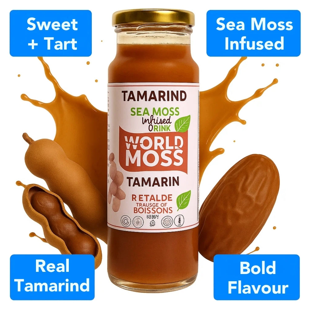 World Moss tamarind sea moss drink in glass bottle with tamarind fruit and juice splash