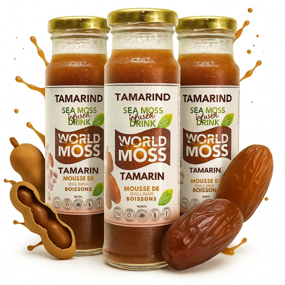 World Moss tamarind sea moss drink bottles with tamarind fruit and splashes in background