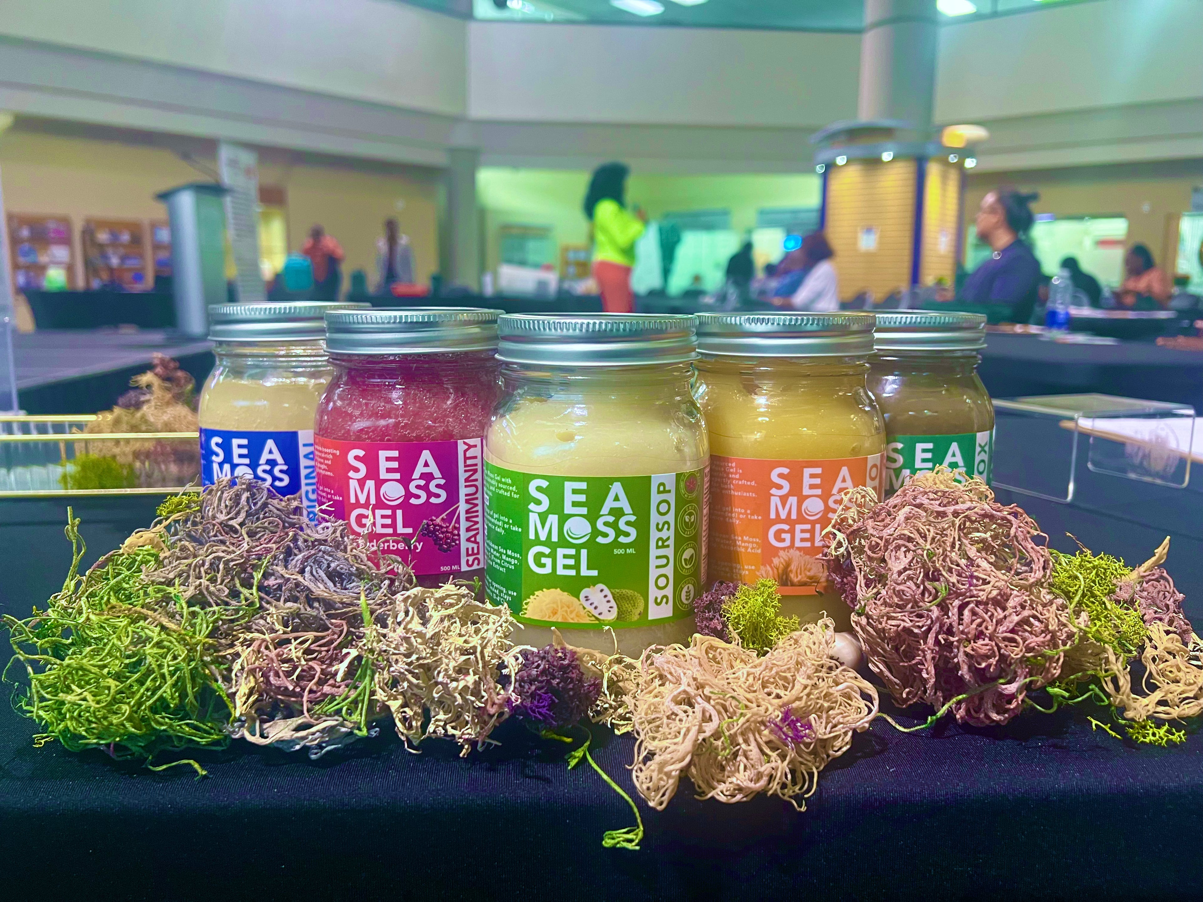 Jars of Sea Moss Gel with various flavors on a table in a public setting.
