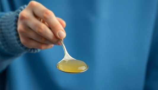person about to eat a spoon of sea moss gel but looks at the sppon questionably