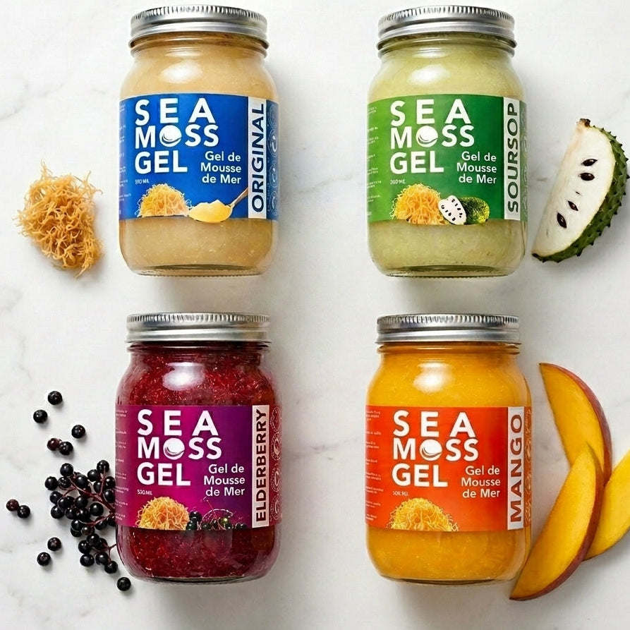 Four jars of Sea Moss Gel with different flavors on a white background, surrounded by natural ingredients.