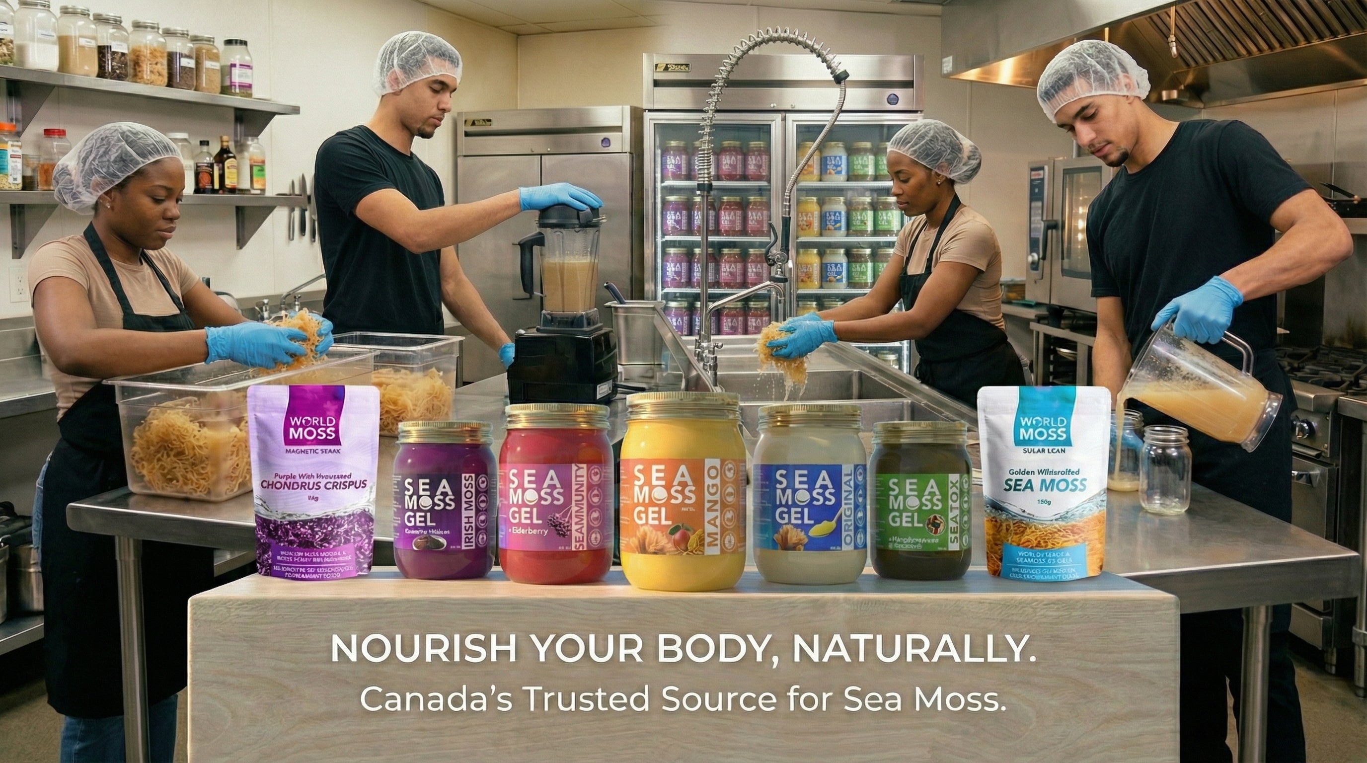 People working in a kitchen with Sea Moss products displayed in the foreground.
