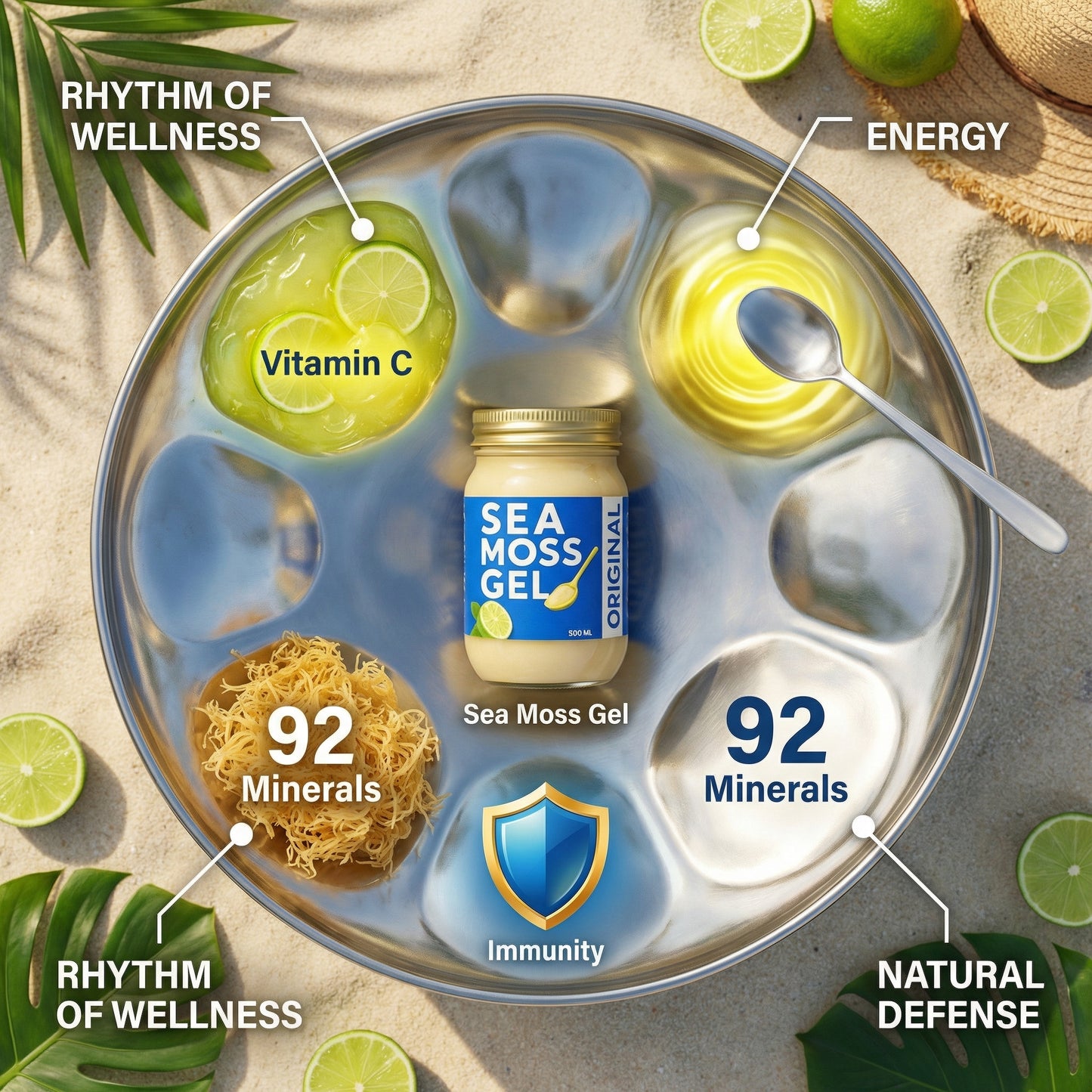 Sea Moss Gel packaging with health benefits on a decorative plate.