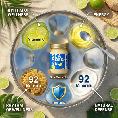 Sea Moss Gel packaging with health benefits on a decorative plate.
