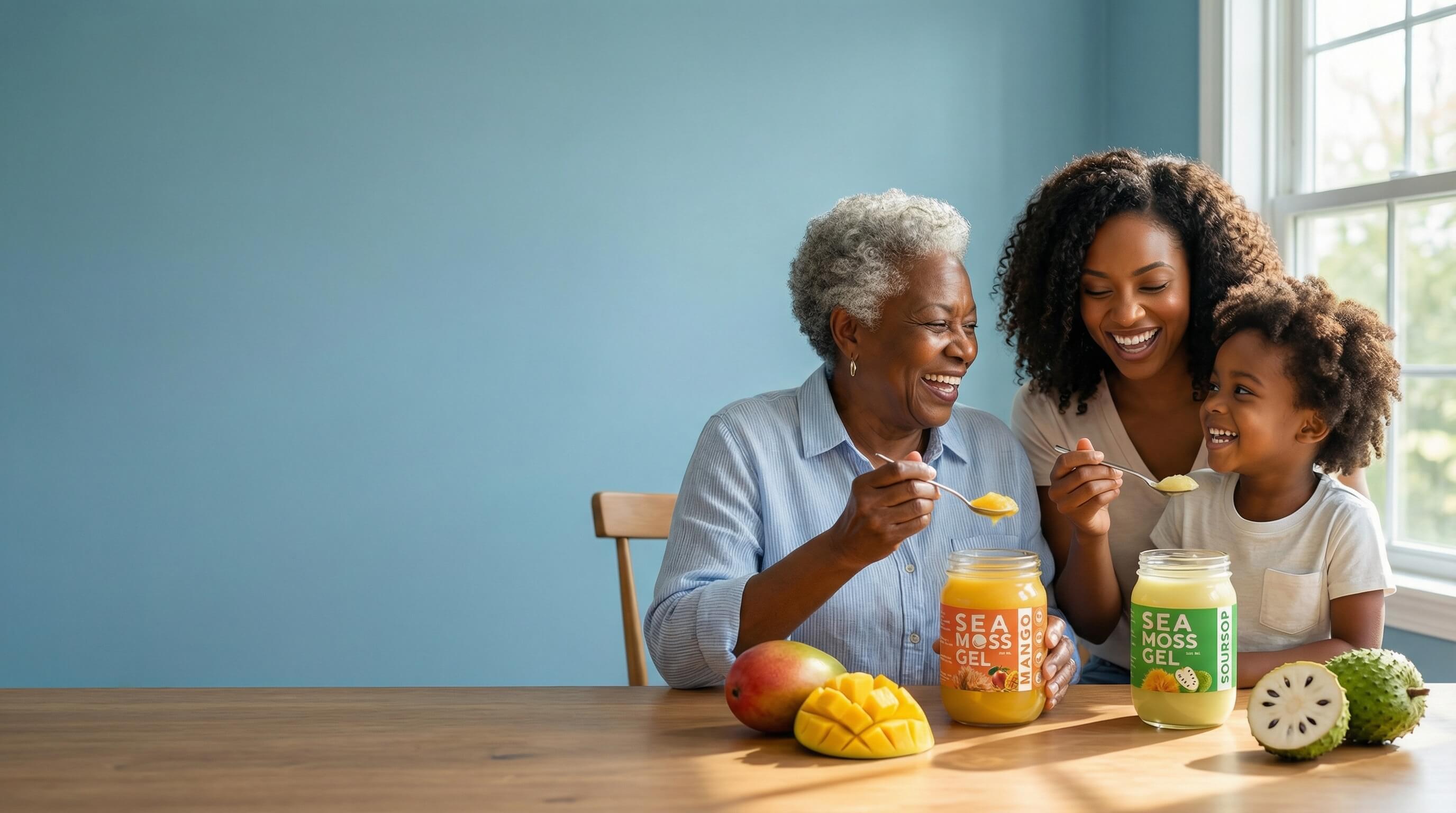 Family of three enjoying a healthy snack together with BEKA products on a wooden table.