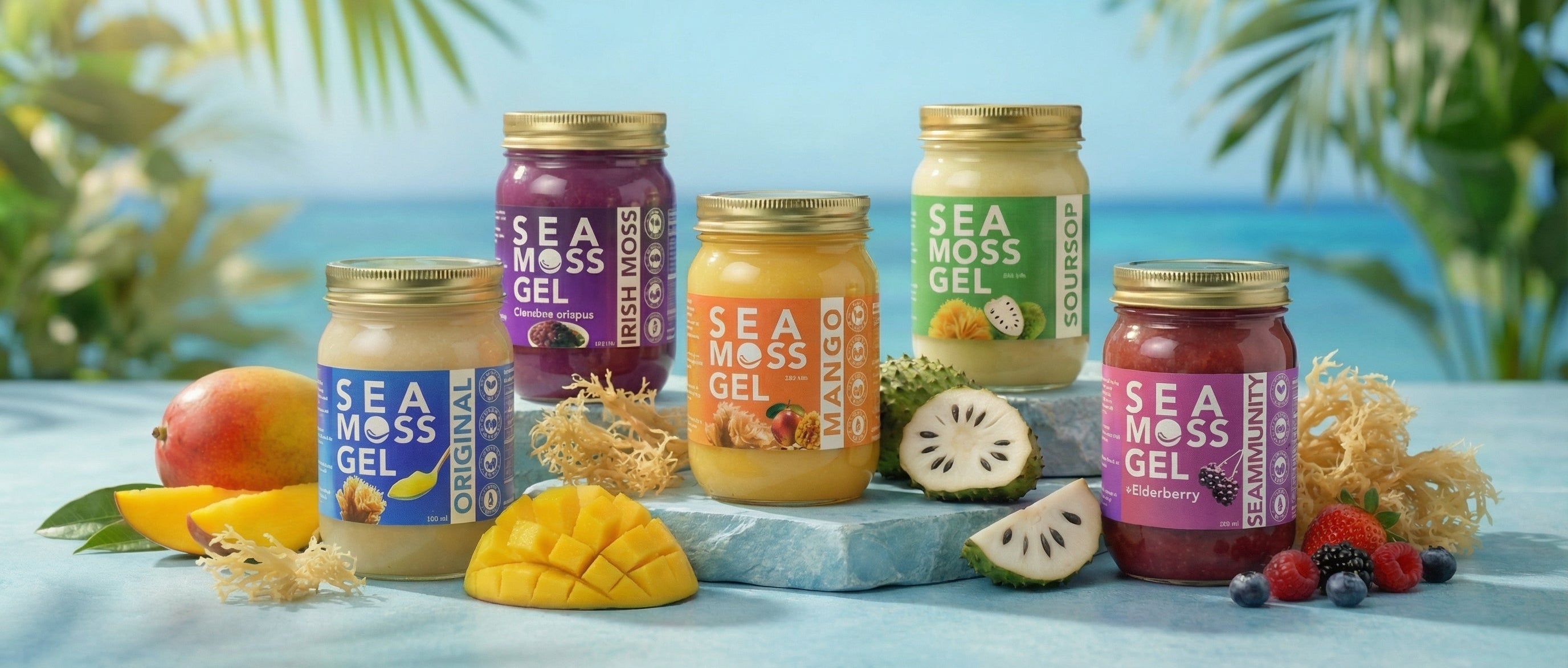 Jars of Sea Moss Gel with various flavors on a blue surface with greenery in the background