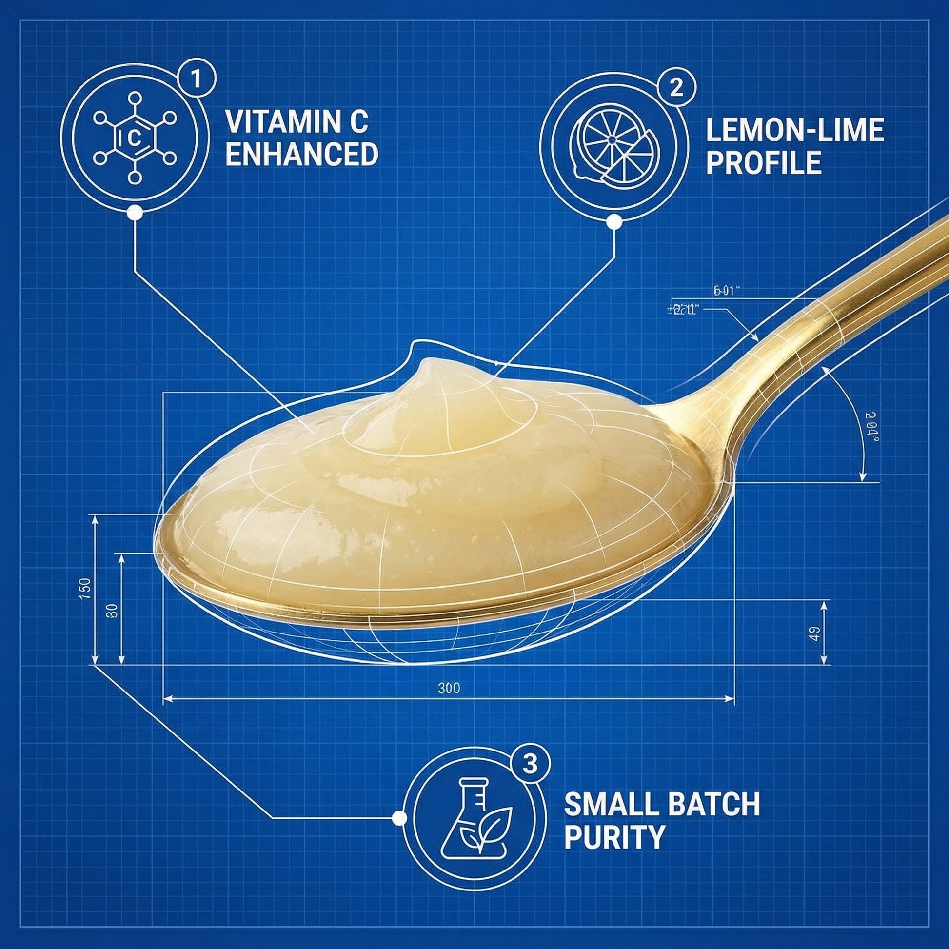 Spoonful of a product with technical diagram elements on a blue background