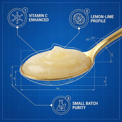 Spoonful of a product with technical diagram elements on a blue background