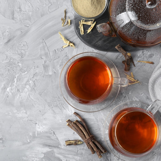Herbal tea made from licorice root with dried roots and powder, perfect to buy licorice root online