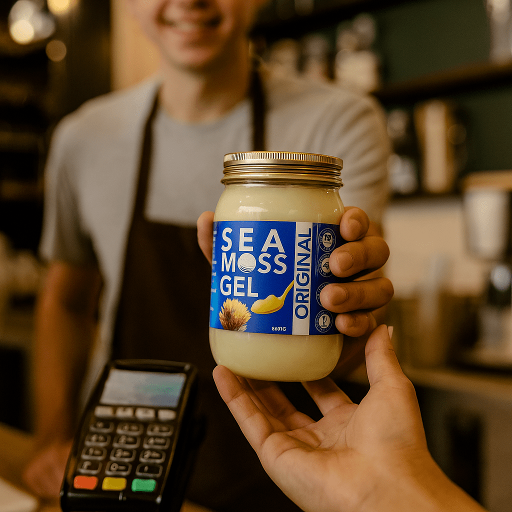Person handing a jar of sea moss gel from World Moss in a store, buy sea moss gel Canada