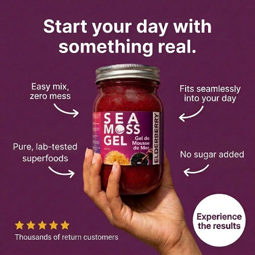 A hand holding a jar of Sea Moss Gel against a dark purple background with promotional text and callouts. The jar has a silver metal lid and a purple label with white and yellow text.