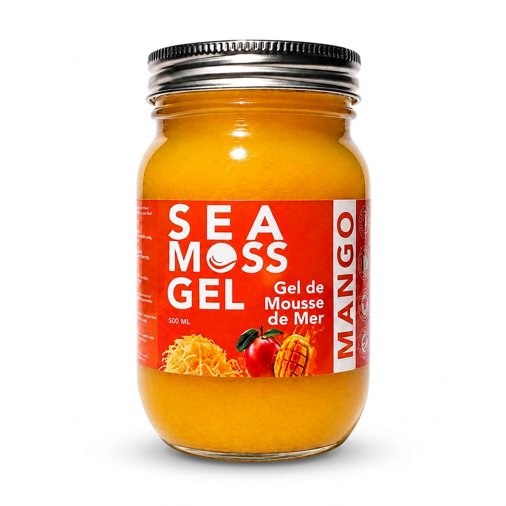 World Moss Mango Sea Moss Gel 500 mL jar on a white background