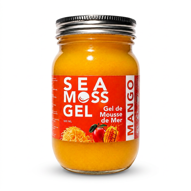 World Moss Mango Sea Moss Gel 500 mL jar on a white background
