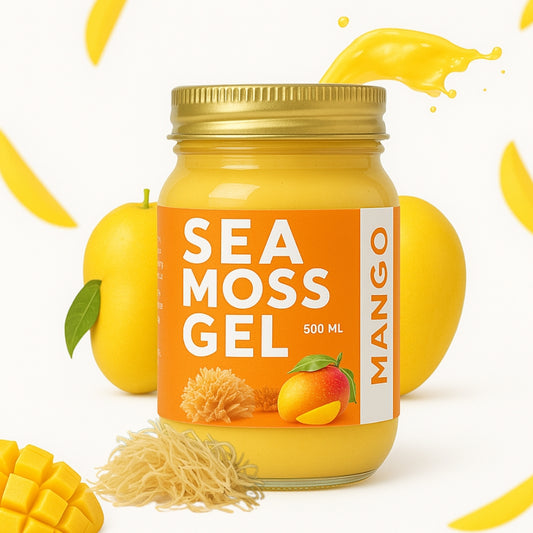 Mango sea moss gel in a 500ml jar surrounded by mangoes and sea moss for healthy living