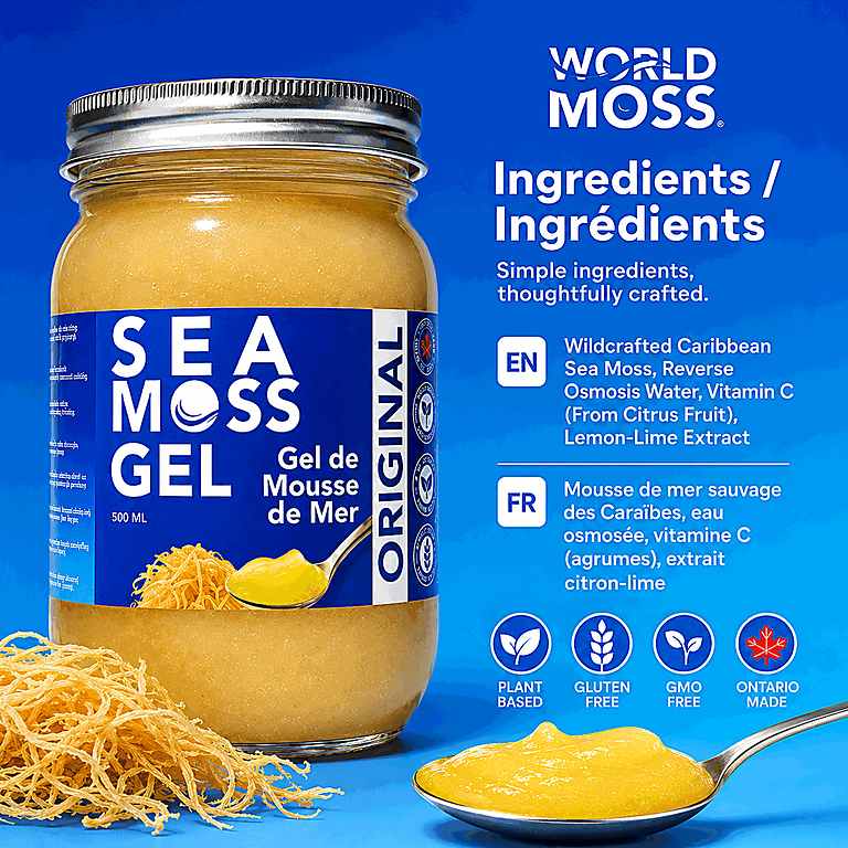 World Moss Sea Moss Gel Canada in a jar with vibrant label and ingredients listed for health benefits