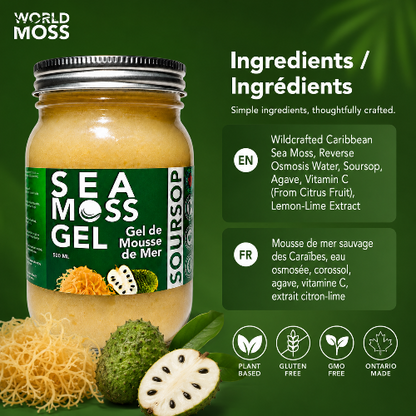A jar of World Moss Sea Moss Gel Sourdop on a dark green background with ingredient text and icons. The jar contains a yellowish gel and has a green label with white text.