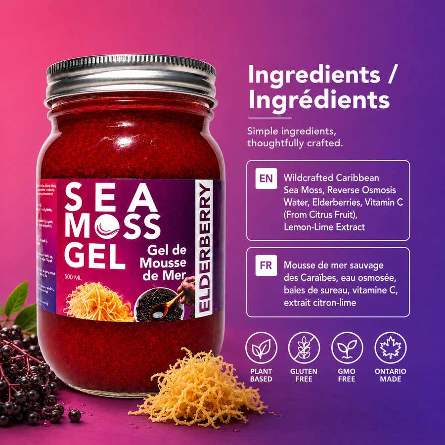 A jar of Sea Moss Gel with elderberry flavor is shown on a pink-to-purple gradient background with ingredient text and icons. The jar contains a dark red gel and has a purple label with white text.