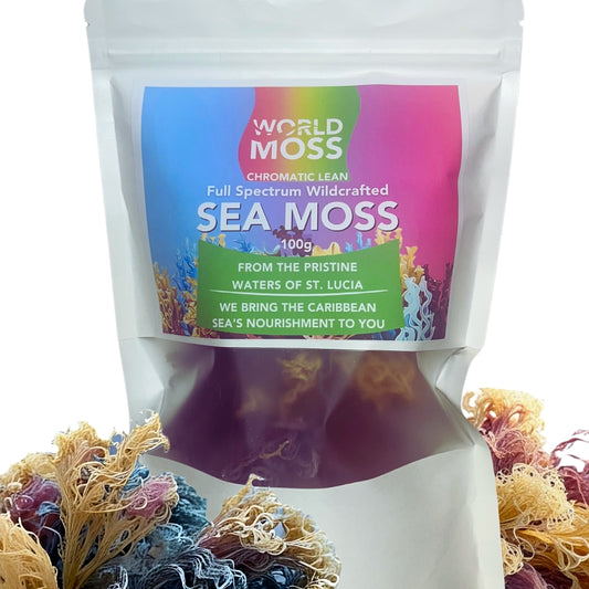 World Moss raw full spectrum sea moss in resealable pouch with colorful dried sea moss pieces