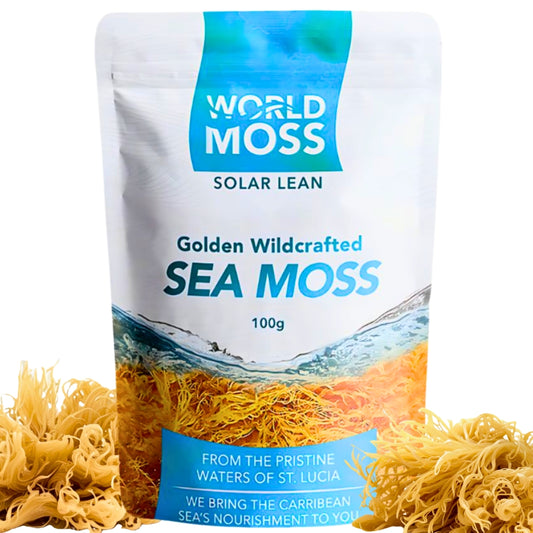 World Moss Golden St Lucian Sea Moss raw wildcrafted seaweed in resealable pouch