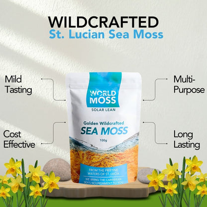 World Moss Golden St. Lucian Sea Moss raw wildcrafted 100g pouch with natural yellow sea moss and floral background