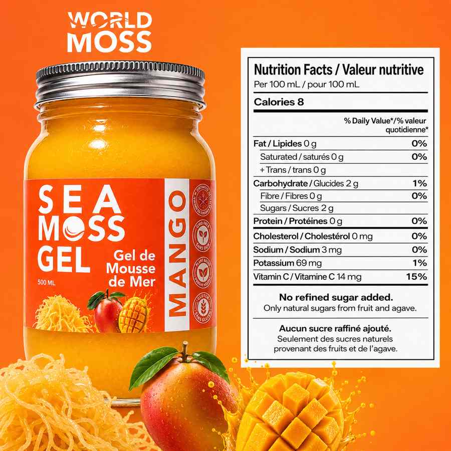 A jar of World Moss Gel Sea Moss Jelly in Mango flavor, shown alongside a detailed Nutrition Facts label on an orange background with sea moss strands and a mango graphic.