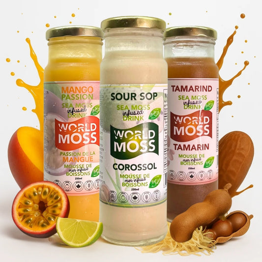 World Moss mango soursop tamarind beverages in glass bottles with fresh fruit accents and juice splashes