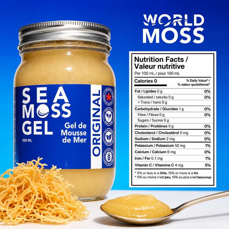 A jar of Sea Moss Gel with a blue label and silver lid, shown next to a Nutrition Facts panel and loose sea moss strands on a white surface against a blue background.