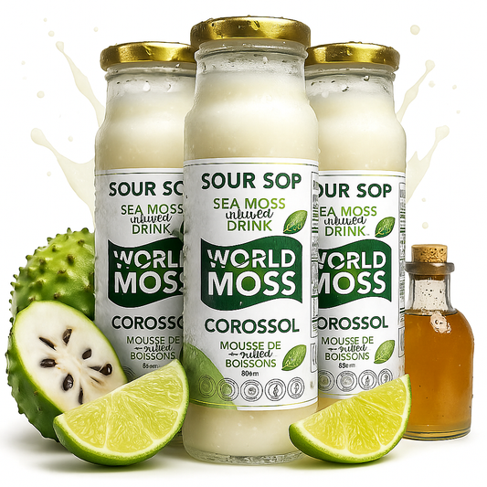 World Moss Sour Sop Sea Moss drink bottles with fresh sour sop fruit lime wedges and honey jar