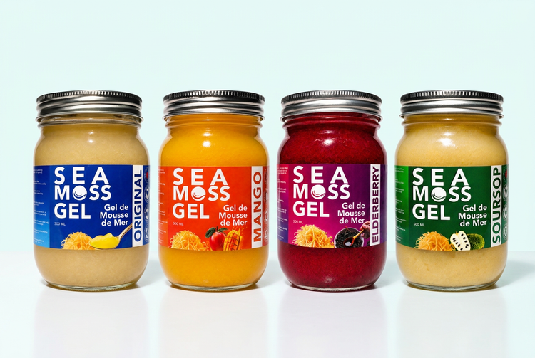 World Moss Original, Mango, Elderberry and Soursop sea moss gel jars