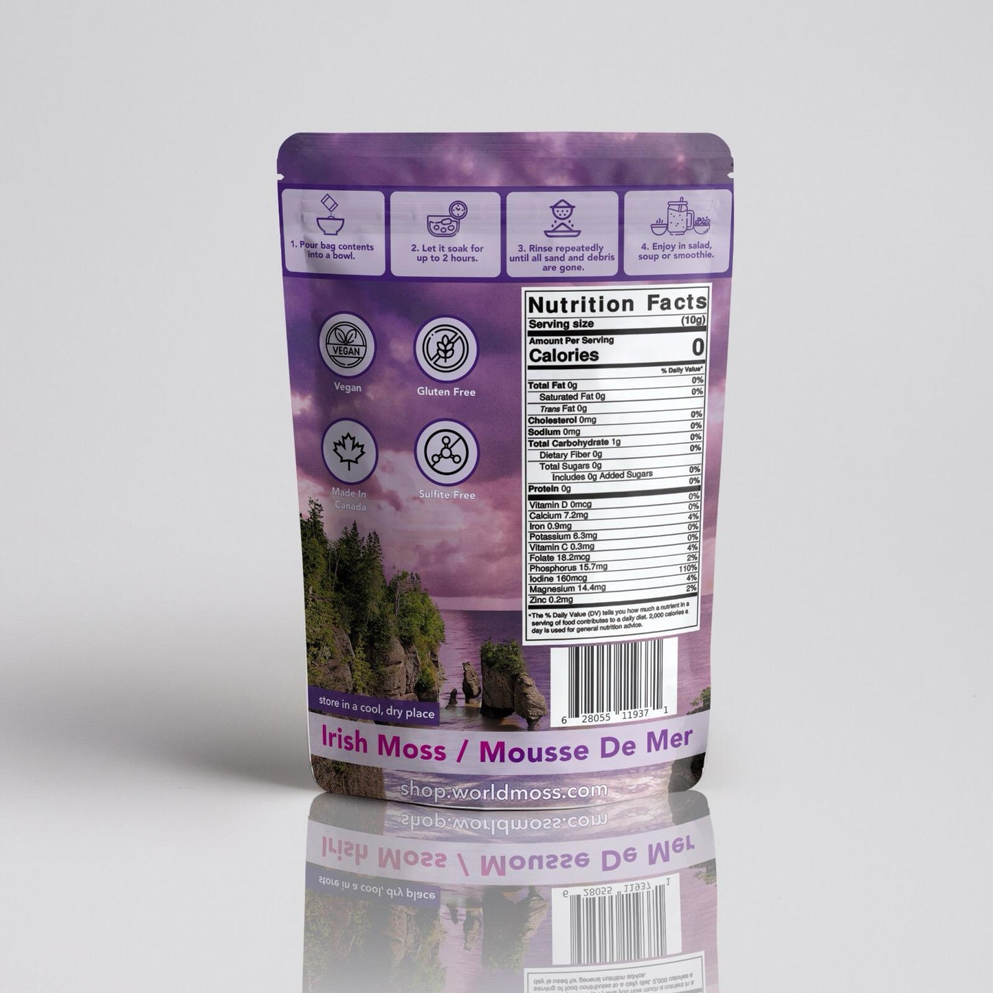 Packaging of World Moss Raw Sea Moss, wild harvested Canadian chondrus crispus, showing nutrition facts and ingredients.