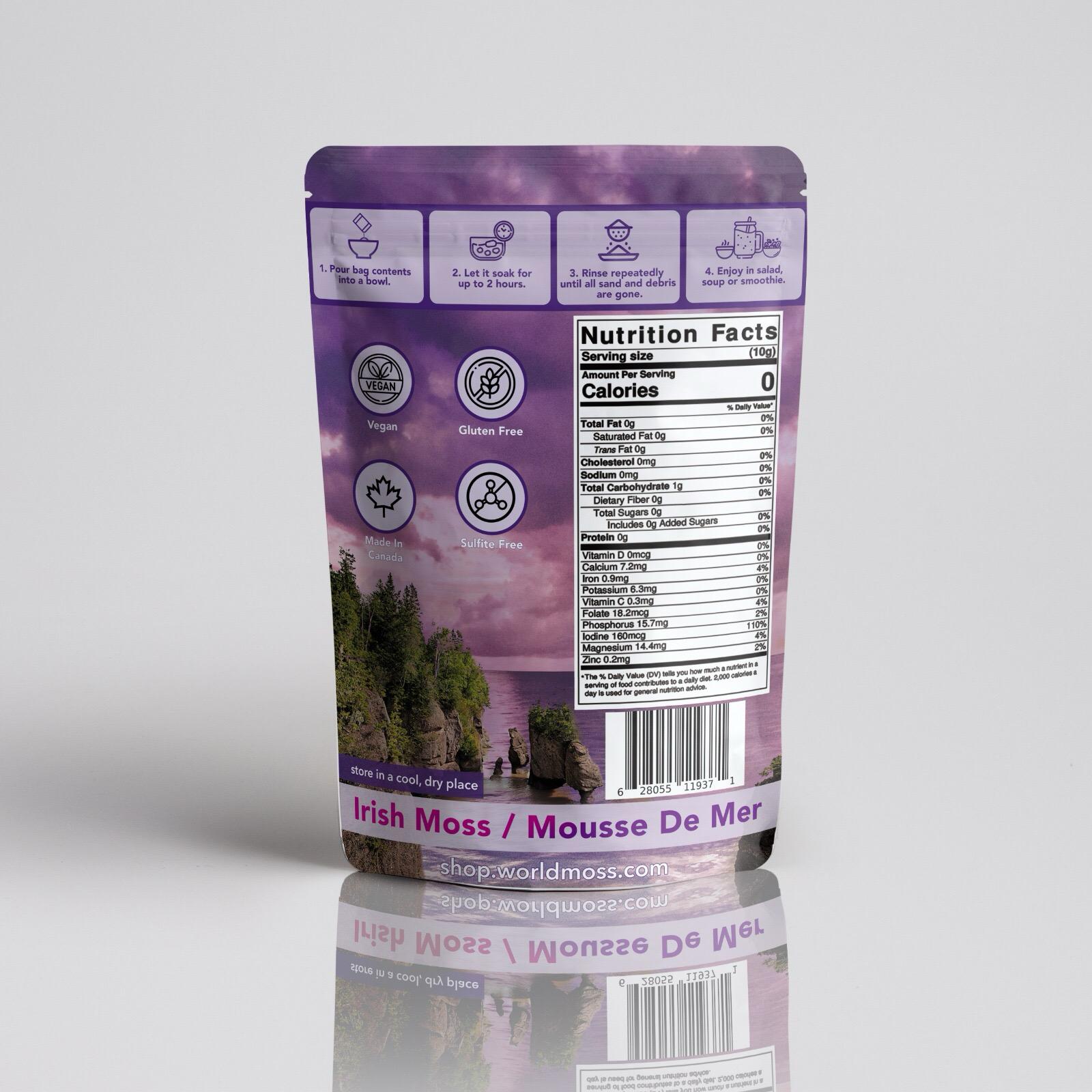 Packaging of World Moss Raw Sea Moss, wild harvested Canadian chondrus crispus, showing nutrition facts and ingredients.