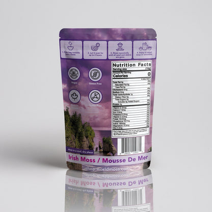 Packaging of World Moss Raw Sea Moss, wild harvested Canadian chondrus crispus, showing nutrition facts and ingredients.