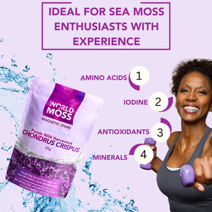 World Moss Raw Sea Moss Packaging featuring wild harvested Canadian chondrus crispus with health benefits