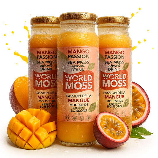 Three bottles of World Moss Mango Sea Moss Drink with fresh mango and passion fruit slices